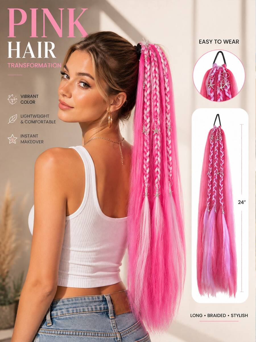 A Gradient Braided Ponytail With A Star Pendant, Elastic Hair Tie, And Colorful Hair Accessories, Perfect For Cosplay And Holiday Party Outfits. - Multicolor - View 1