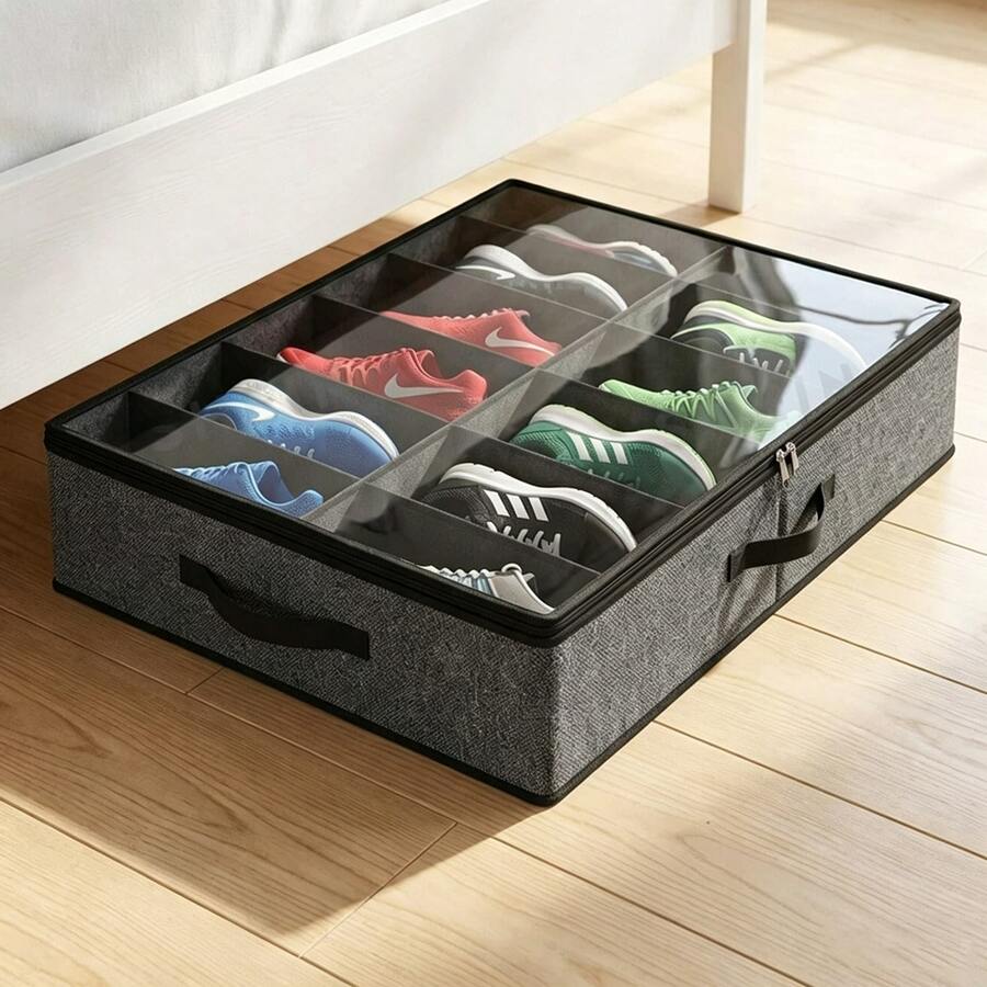 1/2pcs Foldable Shoe Storage Box, 12-Grid Premium Fabric Underbed Shoe Storage Bag - With Transparent Lid, Zipper, Reinforced Handle, Space-Saving Rectangular Storage Box, Suitable For Closet, Bedroom And Home Organization