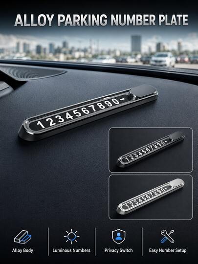 1pc Alloy Car Temporary Parking Phone Number Plate, Minimalist Car Ornament, Car Interior Move Car Contact Number Display Stand