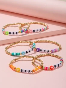6件組兒童字母珠 BFF 彩色軟黏土切片珠彈力手鍊，適合女孩好友 - 彩色 - 查看 4