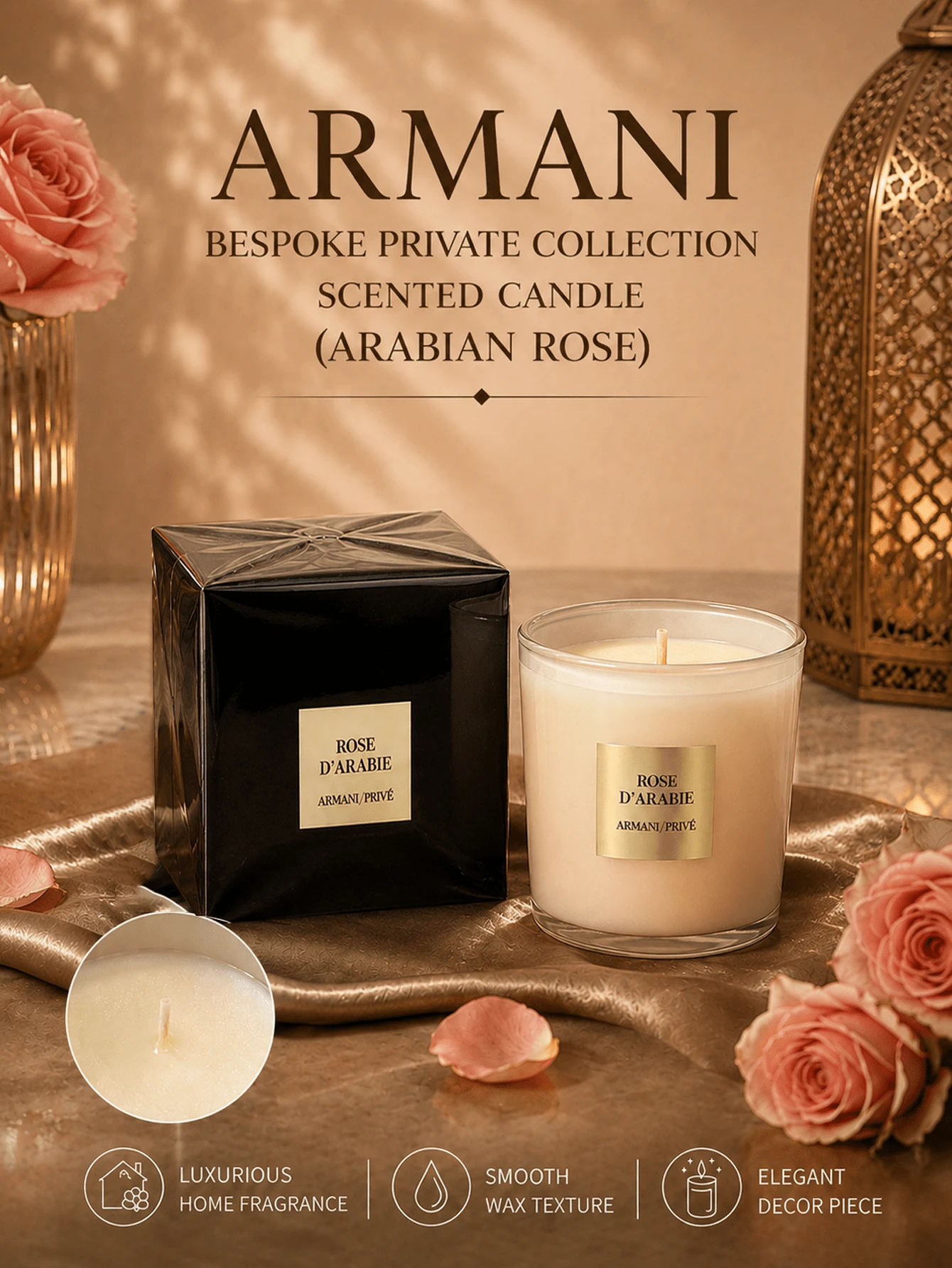 Giorgio Armani Armani 高定私藏香氛蠟燭，阿拉伯玫瑰，居家香氛，精緻裝飾，奢華香氛，細節優雅，適合送禮，精煉燃燒，化妝台裝飾，浴室氛圍