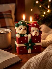 3D Christmas Gift Box Double Puppy Silicone Candle Mold, Two Cute Dogs Peeking Out Of Gift Box Decorated With Holly, DIY Aromatherapy Candle Plaster Diffuser Stone Epoxy Resin Christmas Table Decor Mold - Candle Molds - View 5