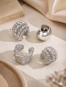4pcs Women's Silvery Color C-Shaped Ear Cuffs, Layered Beaded & Smooth Non-Piercing Earrings For Daily Wear, Party, Gift - Silver - View 3
