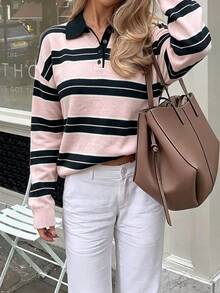 Just Masa Women's Fall Casual Cute Sweet Striped Loose Sweater Pullover,Long Sleeve POLO Collar Rib-Knit Chic Top,For Going Out,Vacation,Travel - Pink Stripes - View 5