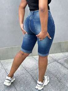 Women's Casual Distressed Stretch Denim Shorts, Suitable For Spring/Summer Commute And Daily Wear - Blue - View 4