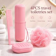 MONKIDS Set Perlengkapan Mandi Perjalanan Warna Pink 4 Buah, Perlengkapan Kamar Mandi Portabel dengan Kotak Sikat Gigi, Sisir Rambut, Kotak Sabun & Spons Mandi, Aksesori Perawatan Harian dengan Penyimpanan Ringkas untuk Perjalanan Bisnis dan Liburan - Watermelon Pink - View 2