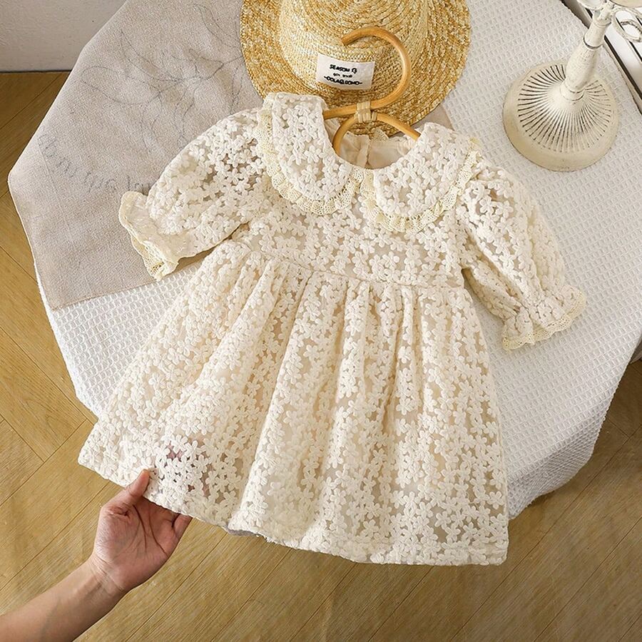 1 pieza Vestido con cuello con volantes de malla bordada para niñas, vestido formal elegante de manga corta para niñas pequeñas y bebés, adecuado para fiestas, cumpleaños, bodas - Albaricoque - Ver 1