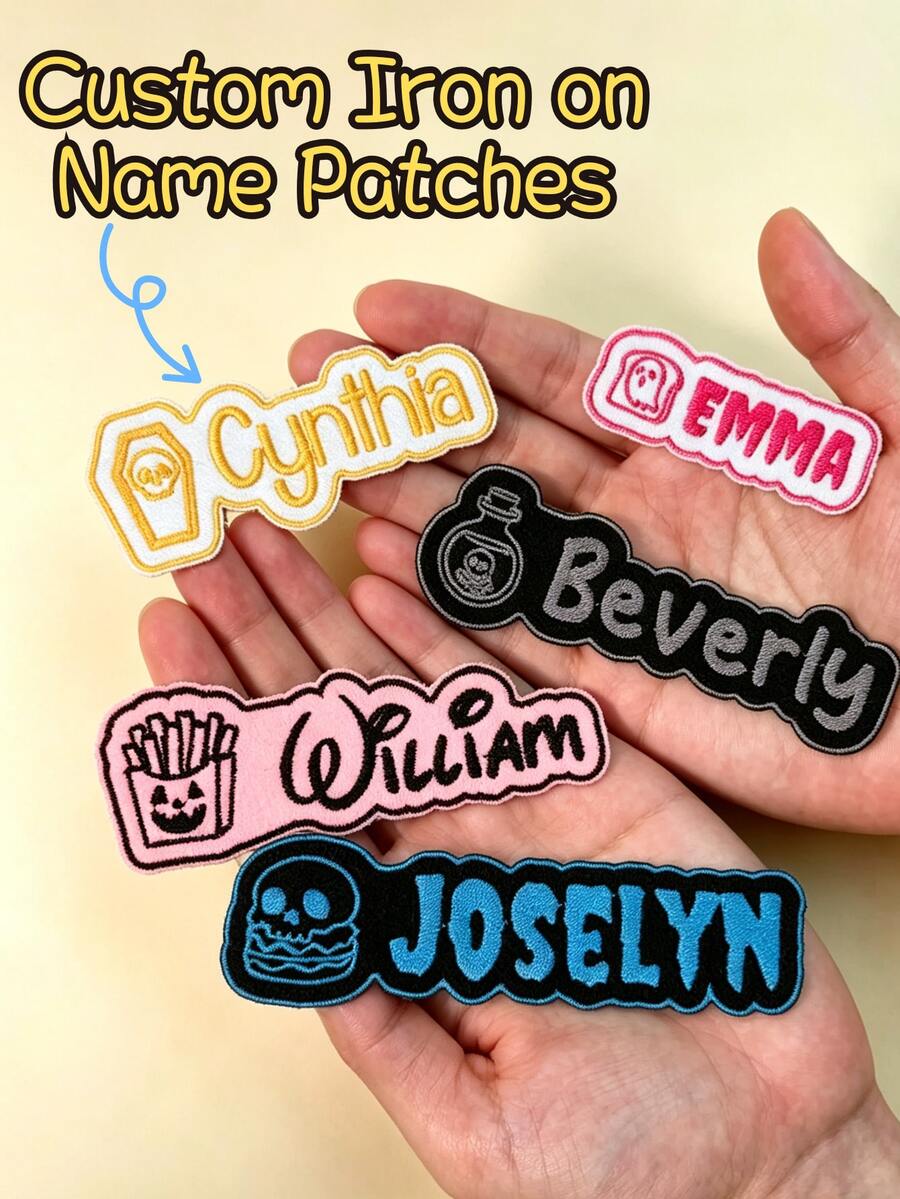 1/3/5pcs Customized Halloween Embroidered Name Patches, Personalized Name Labels For Clothing, Hats, Backpacks, Bridesmaid Name Tags, Text Patches For Lunch Boxes, Iron-On Name Labels, Customizable Aesthetic Apparel Decor