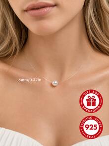 GLIMMER GI 1pc Women's S925 Sterling Silver Low-Allergy Fashion Necklace, Faux Pearl Transparent Fishing Line Pendant Collarbone Chain, Minimalist Elegant Niche High-End New Style, Suitable For Daily Wear/Vacation/Date/Birthday Gift[Gift Box Included] - 1cm/0.39in - View 3