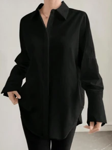 Kemeja Katun Murni Hitam Tenun Regular Fit Wanita, Lengan Panjang, Detail Kancing, Fesyen Serbaguna - Hitam - View 5