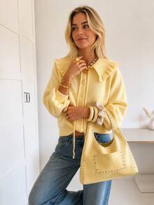 Women's French Style Ruffle Collar Knit Blouse, Long Puff Sleeve Button Drawstring Casual Top, Soft Solid Color Autumn Daily Wear - Yellow - View 8