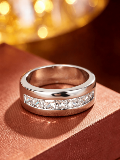 1pc French Minimalist Square Exquisite Wide Ring, Smooth Band With Unique Square Groove Design, Low-Key Atmosphere Wedding Ring Couple Ring Accessory