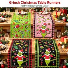 The Grinch 1pc Green Monster Print Linen Table Runner, (71*13inch) Fits Rectangular Dining Table, Suitable For Home Christmas Dinner, Holiday Party, Themed Gathering Decoration, Enhances Dining Table Atmosphere, Reusable And Washable, Christmas Table Decor - Multicolor - View 1