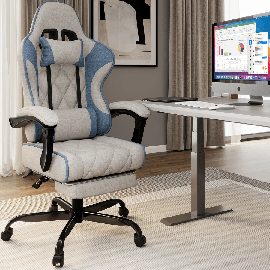 Devoko Gunji Fabric Gaming Chair, Racing-Inspired Design, Soft Fabric Upholstery, Adjustable Headrest And Lumbar Cushion For Gaming At Home Or Office - Light Grey - View 1