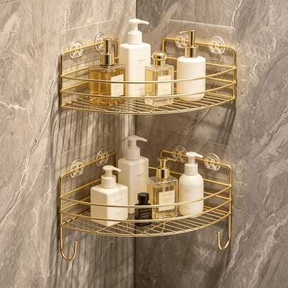 2pcs Bathroom Corner Triangle Shelf With Hooks, Hotel Style Bathroom Corner Organizer | Gold Iron Triangle Rack, Waterproof And Rust-Proof, Say Goodbye To Clutter