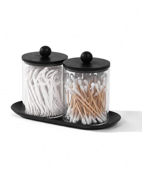 2 buah Toples Obat Plastik Bening dengan Tutup, Kotak Penyimpanan Kamar Mandi dengan Baki Hitam, Cocok untuk Cotton Bud dan Tusuk Gigi