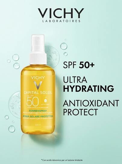 Vichy Capital Soleil Solar Protective Water SPF50 200 Ml – Sunscreen, SPF 50, For Sensitive Skin, Hyaluronic Acid, Suitable For Beach Vacation
