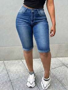Women's Casual Distressed Stretch Denim Shorts, Suitable For Spring/Summer Commute And Daily Wear - Blue - View 3