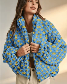 Women's Checkered Sherpa Fleece Zip Up Jacket, Jacke Damen Herbst Stand Collar Puff Sleeve Loose, Jacken Herbst Drawstring Hem Casual Fall Outerwear - Mint Blue - View 1