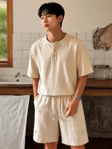 2pcs/Set Men's T-Shirt Set, Crew Neck Half-Button Short Sleeve T-Shirt + Drawstring 5-Point Shorts, Faux Linen Drape Skin-Friendly Comfortable Fabric, Korean Style Relaxed Fit, Versatile For Summer Daily Commute And Outdoor Activities - Apricot - View 4