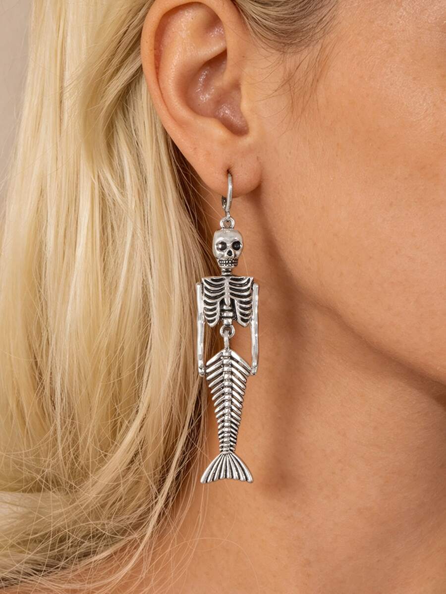 1 Pair Halloween New Vintage Alloy Mermaid Skeleton Pendant Earrings For Women - Silver - View 1