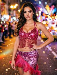Sequin Tassel Crop Top Fringe Wrap Skirt For Music Festival Nightclub Carnival Performance Multiple Colors Available - Multicolor - View 6