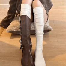 1 Pair Women's Double Vertical Stripe Loose Over-The-Knee Socks, Double Needle Knit Warm & Comfortable Mid-Calf Socks - Multicolor - View 2