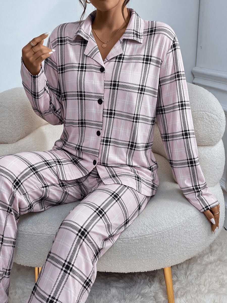 Women's Pink Plaid 2 Pieces Pajama Set, Lapel Button Long Sleeve Top And Straight Leg Pants, Casual Home Sleepwear - Pink - View 1