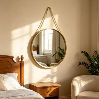 Gold Round Hanging Wall Mirror With Metal Chain, 10''*10'' Gold Metal Frame Decorative Wall Mirror For Bathroom Bedroom Entryway Living Room Home Decor