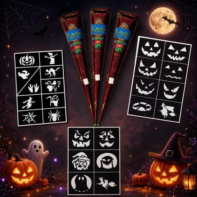 Estilo Halloween 3 piezas Cono de Henna Kaveri + 3 piezas Plantillas de Patrones, Plantillas de Tatuaje Temporal de Henna Semi-Permanente Impermeable, Tatuajes Temporales Fáciles de Usar
