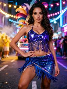Sequin Tassel Crop Top Fringe Wrap Skirt For Music Festival Nightclub Carnival Performance Multiple Colors Available - Multicolor - View 12