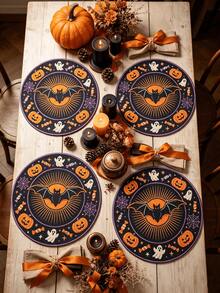 6pcs Halloween & Thanksgiving Round Placemats, Autumn Pumpkin Maple Leaf Turkey Squirrel Print Table Mats, Holiday Atmosphere Decorative Table Pads - Multicolor - View 2