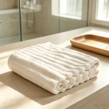 One Soft, Pure Cotton Bath Towel With A Striped Pattern, Highly Absorbent And Machine Washable, Ideal For The Bathroom. Available In Several Sizes: 90 * 50 Cm / 120 * 70 Cm / 150 * 100 Cm / 180 * 100 Cm - Natural Color - View 1