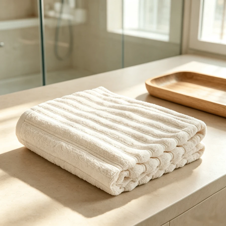 One Soft, Pure Cotton Bath Towel With A Striped Pattern, Highly Absorbent And Machine Washable, Ideal For The Bathroom. Available In Several Sizes: 90 * 50 Cm / 120 * 70 Cm / 150 * 100 Cm / 180 * 100 Cm - Natural Color - View 1