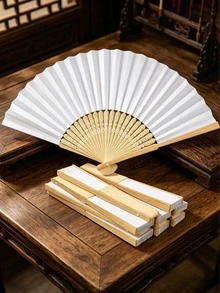 50pcs White Paper Folding Fans, White Bamboo Handheld Folding Fans, Suitable For Engagement, Graduation, Wedding Party Decor, Bedroom Home Desktop Ornaments - Multicolor - View 1