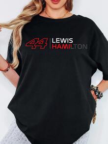 Lewiss Hamiltons #44 Print Women T Shirt, F1 Racing Fan Casual Daily Wear Short Sleeve Top. - Black - View 1
