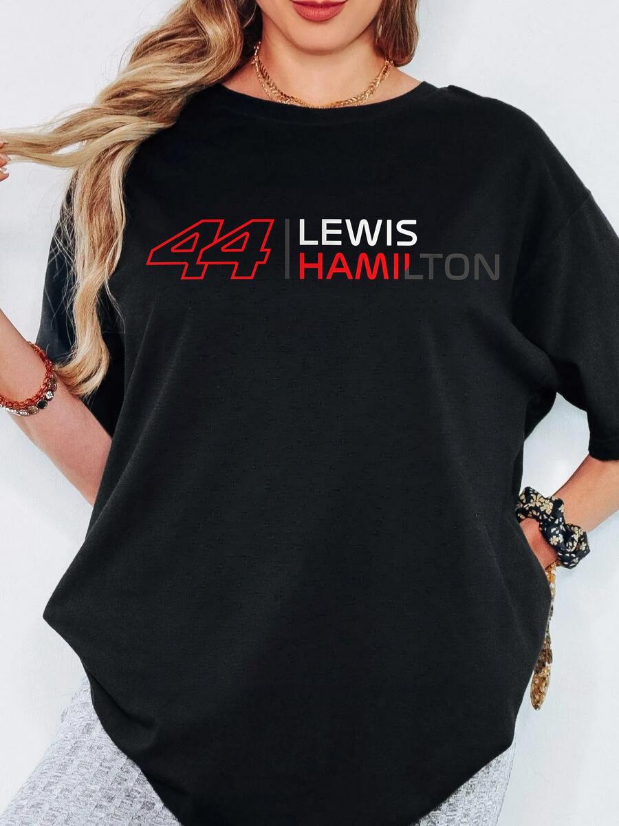 Lewiss Hamiltons #44 Print Women T Shirt, F1 Racing Fan Casual Daily Wear Short Sleeve Top. - Black - View 1