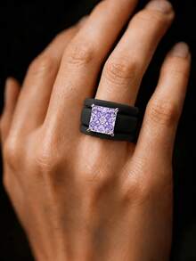 3 Pieces Set Of Purple Cut Synthetic Zirconia Black Silicone Rings, Suitable For Daily Wear, Weddings, Valentine's Day, Anniversaries, And Gifts - Black Silicone - Purple Square - View 1