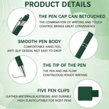 30pcs Dark Green Touch Screen Stylus Ballpoint Pens, Includes 5 Pen Holders, Retractable Metal Clip Dual-Use Writing Pens, Office Nurse School Portable Stationery Gift Set - 30 Pens, 5 Pen Clips - View 6