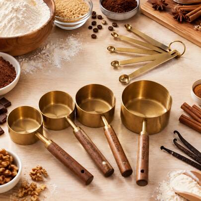 9pcs Set Wooden Handle Stainless Steel Gold Plated Measuring Cups, Measuring Spoons, Set
