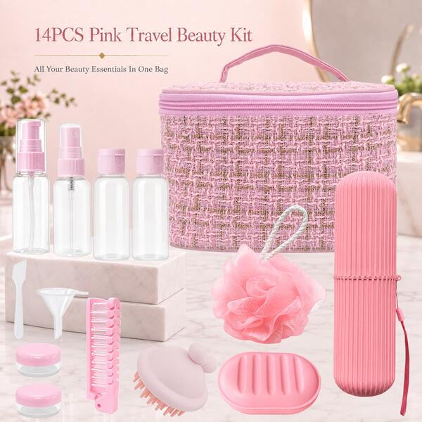14PCS/4PCS Pink Travel Bath Set, Includes Travel Bottles, Small Comb, Bath Sponge, Storage Bag And More. Large Capacity Cosmetic Bag, Organized Storage For Skincare And Toiletries. Compact And Lightweight, Portable And Practical For Business Trips And Travel, Meets Multiple Needs Of Dispensing, Bathing And Grooming, Travel Essential
