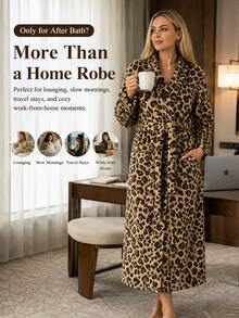 Women's Casual Leopard Print Coral Fleece Bathrobe, Thick Soft Leopard Pattern, Comfortable Winter Style, Fluffy Texture, Suitable For Warm Winter Wear - Multicolor - View 7