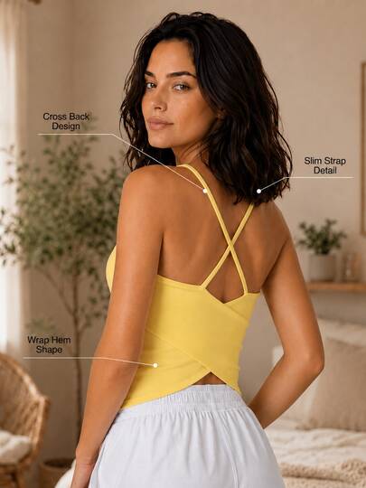 Sodalemon Baju Tidur Wanita Warna Kuning Model Camisole dengan Leher Bentuk Hati dan Bagian Belakang Silang, Potongan Rapi dan Elastis Lembut, Set Piyama Santai