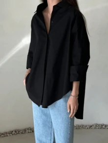 Kemeja Katun Murni Hitam Tenun Regular Fit Wanita, Lengan Panjang, Detail Kancing, Fesyen Serbaguna - Hitam - View 7