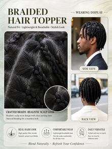 Men's Braided Hairpiece, Full Injection PU Base 100% Human Hair, 6 Inch Undetectable Invisible Men's Hair System, Ultra-Thin Breathable Skin-Tone Base Natural Hair System, Daily Men's Hair Replacement - Natural Black - View 2