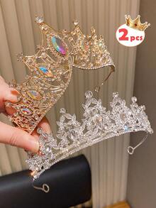 2pcs Mixed Color Premium Party & Runway Crown, Suitable As Gift For Wedding, Birthday Party - Performance & Festival Crown Hair Accessory, Kids - Multicolor - View 2
