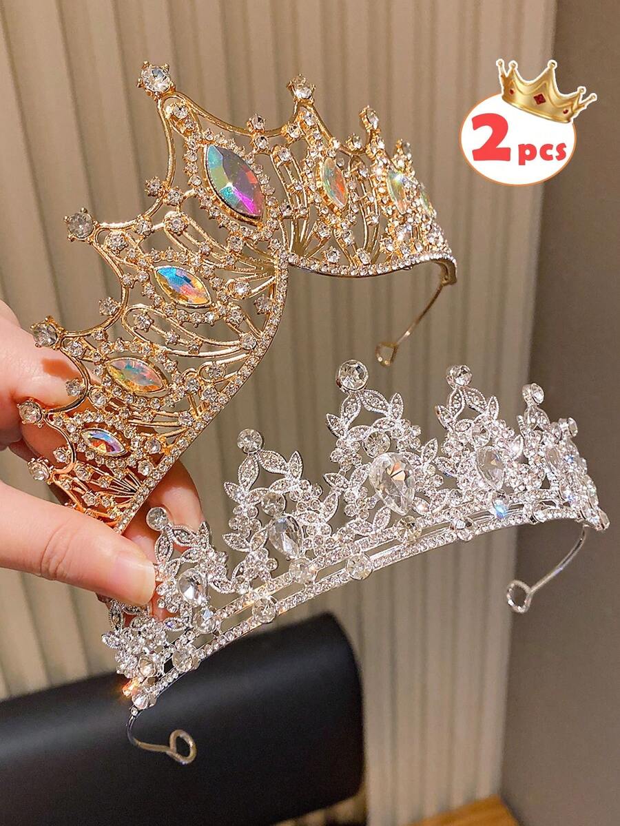 2pcs Mixed Color Premium Party & Runway Crown, Suitable As Gift For Wedding, Birthday Party - Performance & Festival Crown Hair Accessory, Kids