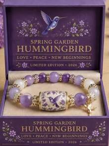1pc Hummingbird Women's Charming Purple Hope Beaded Elastic Bracelet, Exquisite Spring Garden Jewelry Gift (With Gift Box) - Purple - View 1