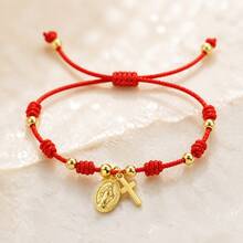 1pc Red Braided Cross Pendant Copper Hand Rope Bracelet, Adjustable Friendship Bracelet For Men And Women, Casual Daily Wear - Multicolor - View 4