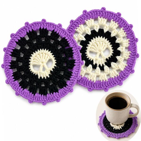 4pcs Halloween Handmade Crochet Skull Coasters, Gothic Style Handmade Drink Coasters, Purple And Black Skull Coasters, Suitable For Halloween Table Decoration